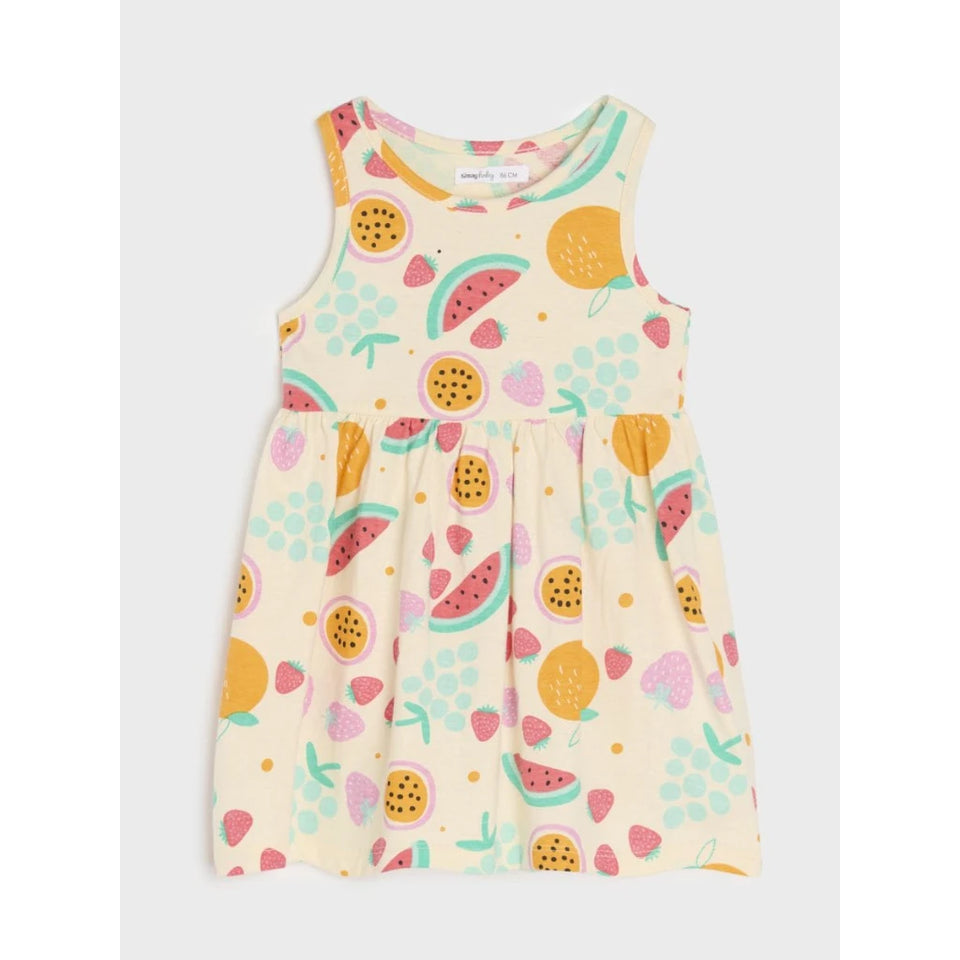 A sleeveless baby dress with a colorful fruit and watermelon print on a cream background, shown flat against a light gray background.