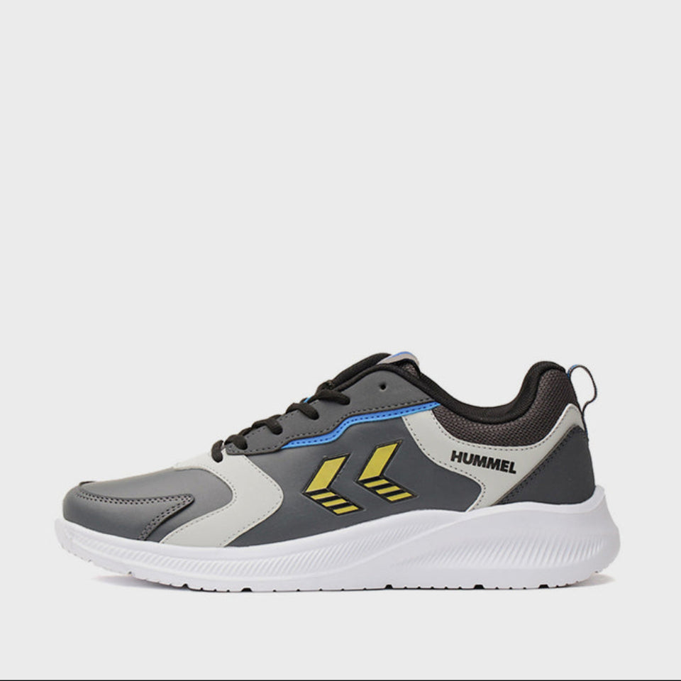 Black athletic shoe with white sole on a white background