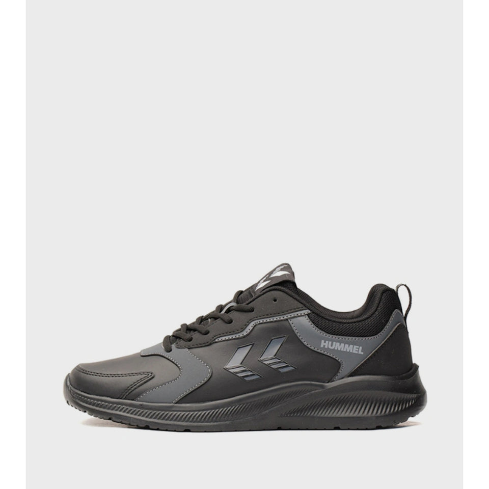 A single black and gray athletic sneaker shown in a side profile view against a light gray background. The shoe features the Hummel logo on the side and the brand name 'HUMMEL' printed on the heel area.