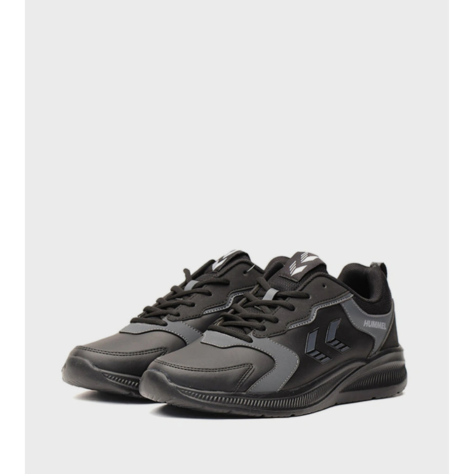 A pair of black and dark gray athletic sneakers shown from a three-quarters angle against a light gray background.