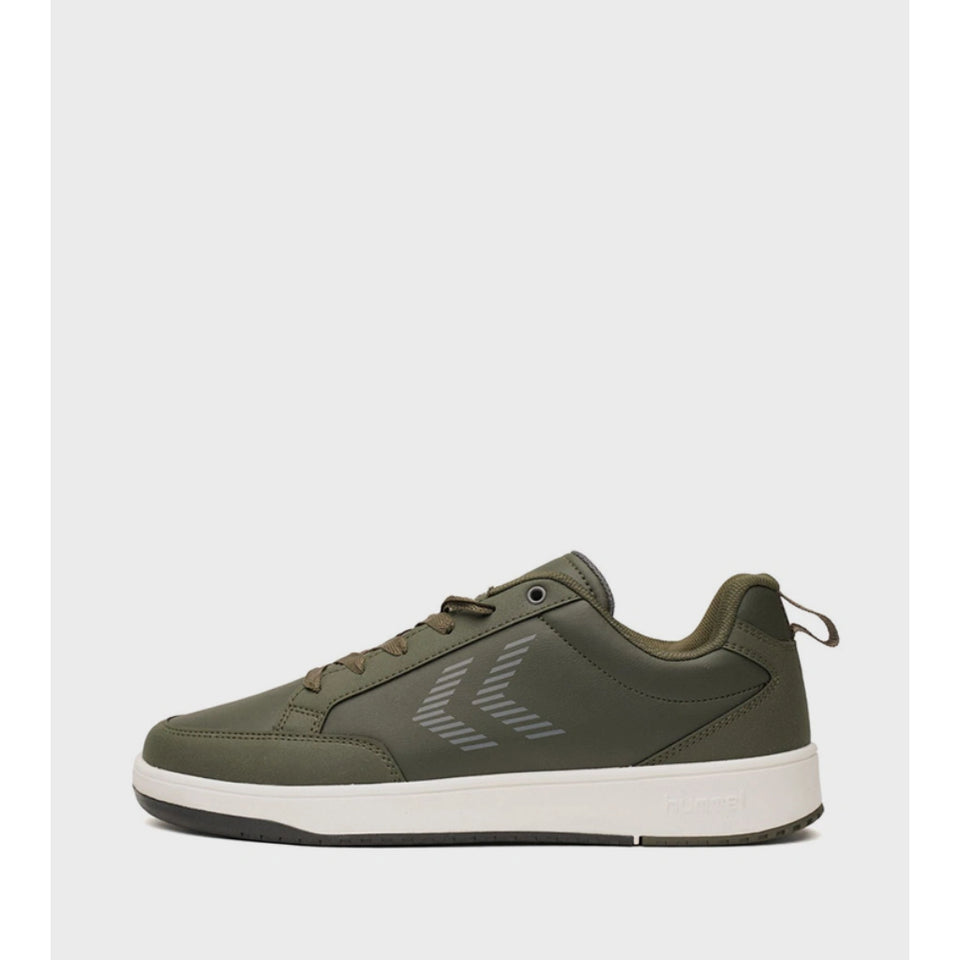 Navy blue sneaker with white laces on a white background