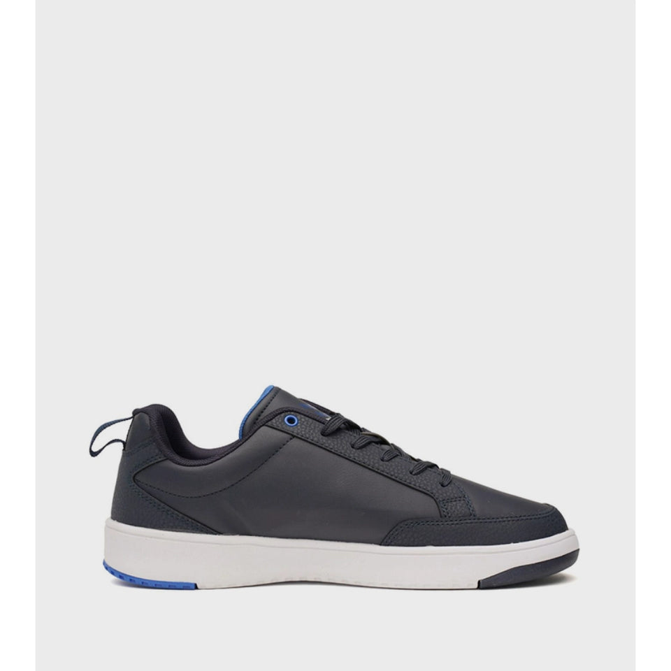 A dark gray low-top sneaker with black laces, a white midsole, and blue accents on the eyelets and heel, shown from a side profile against a light gray background.