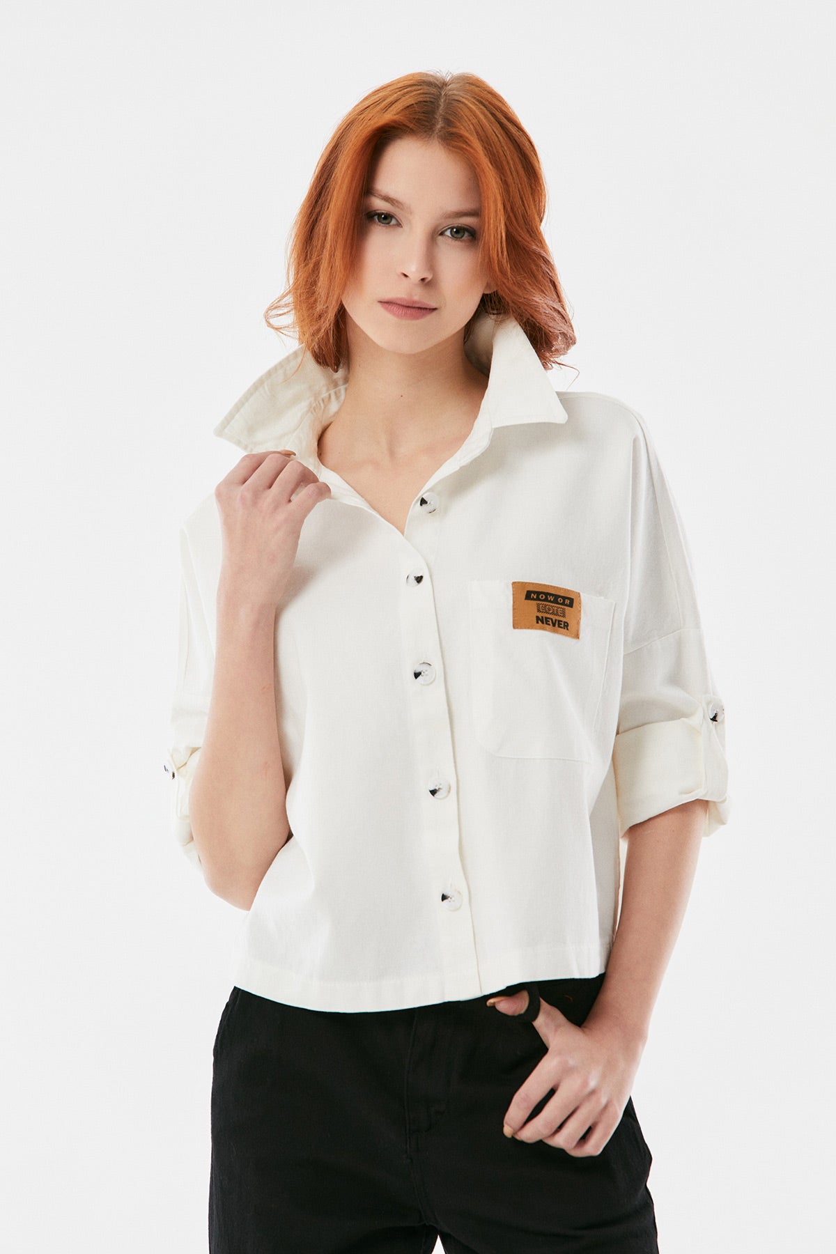Fullamoda Women's White Pocket Emblem and Fold-Up Sleeves Gabardine Shirt|Fullamoda In Lebanon
