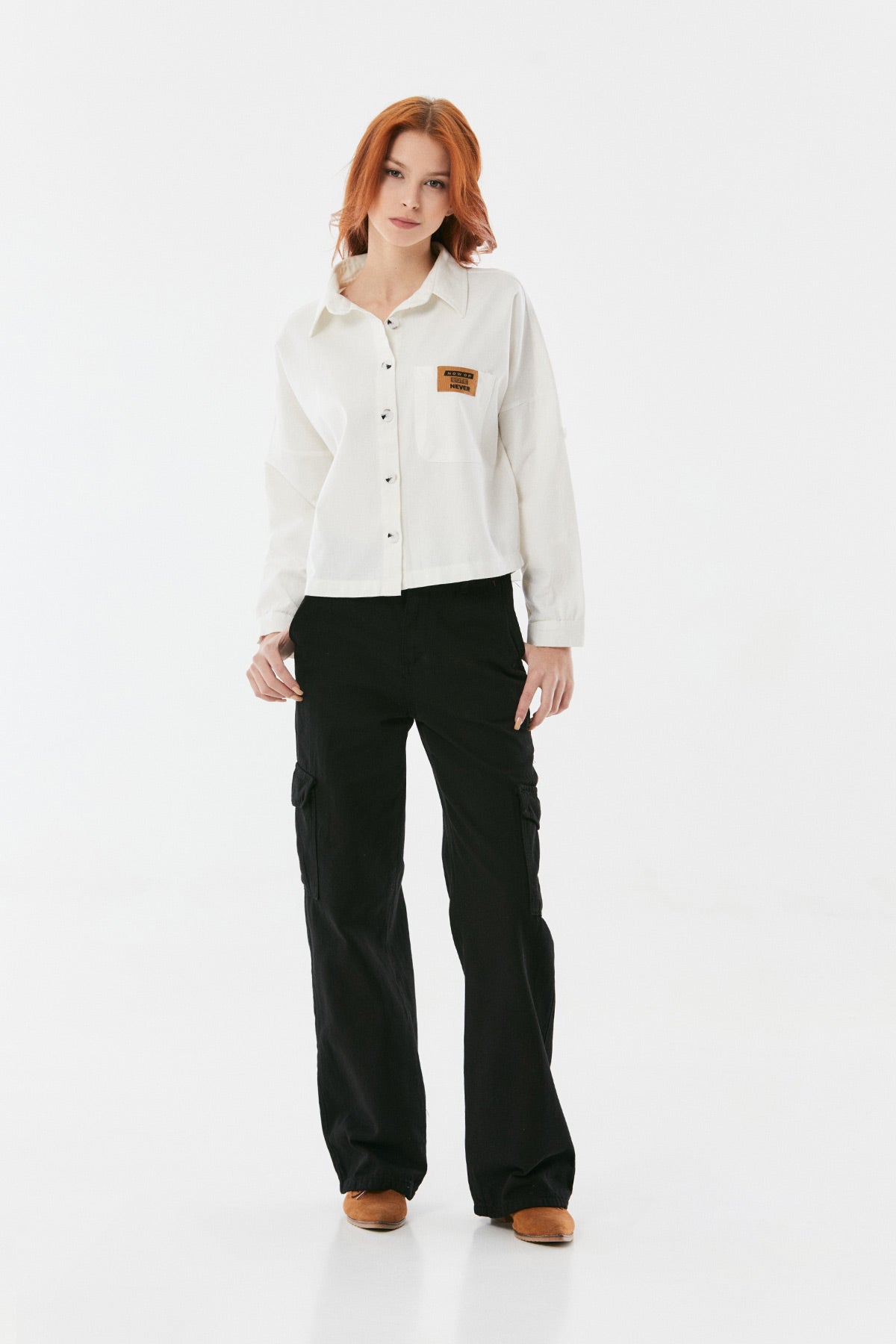 Fullamoda Women's White Pocket Emblem and Fold-Up Sleeves Gabardine Shirt|Fullamoda In Lebanon