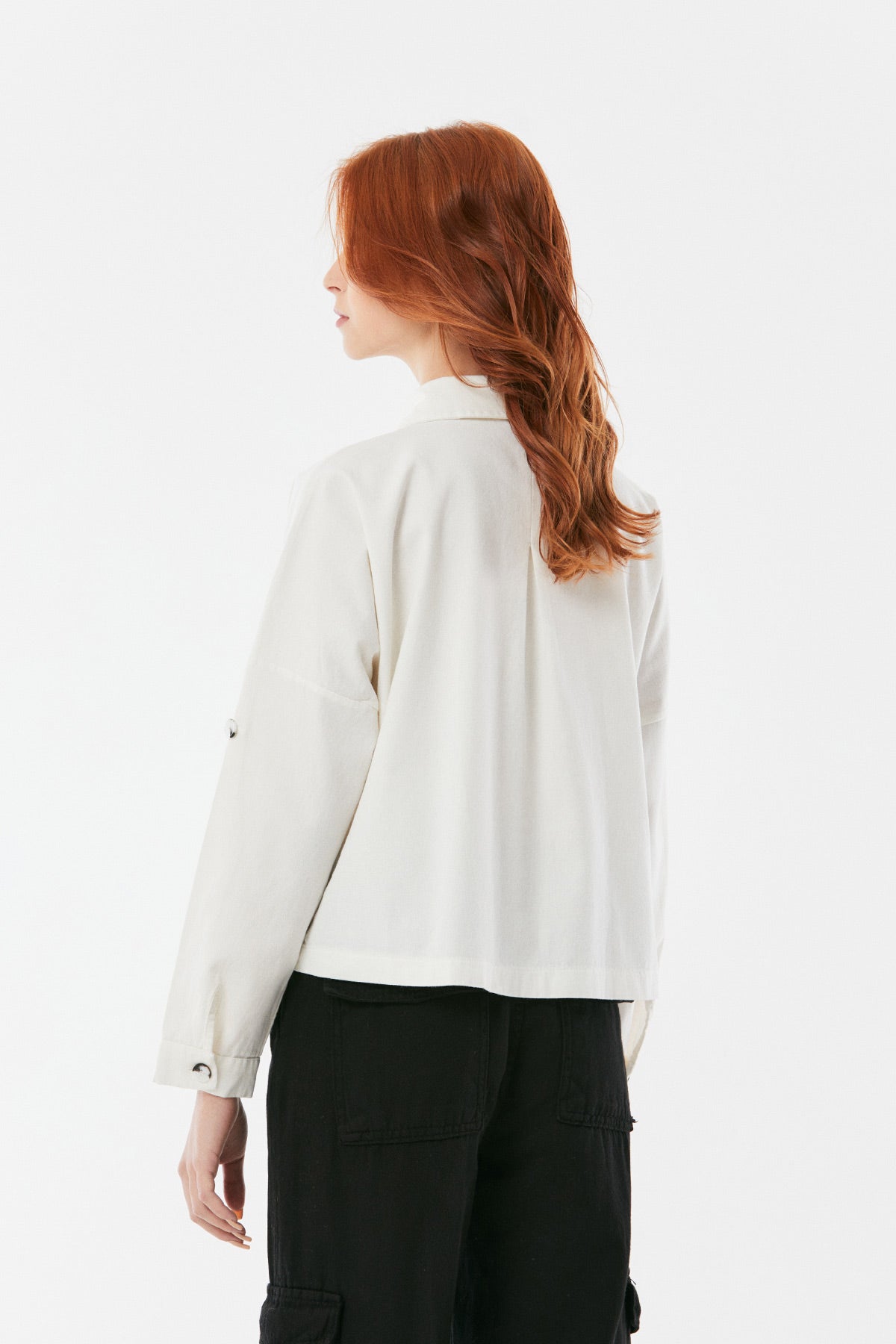 Fullamoda Women's White Pocket Emblem and Fold-Up Sleeves Gabardine Shirt|Fullamoda In Lebanon