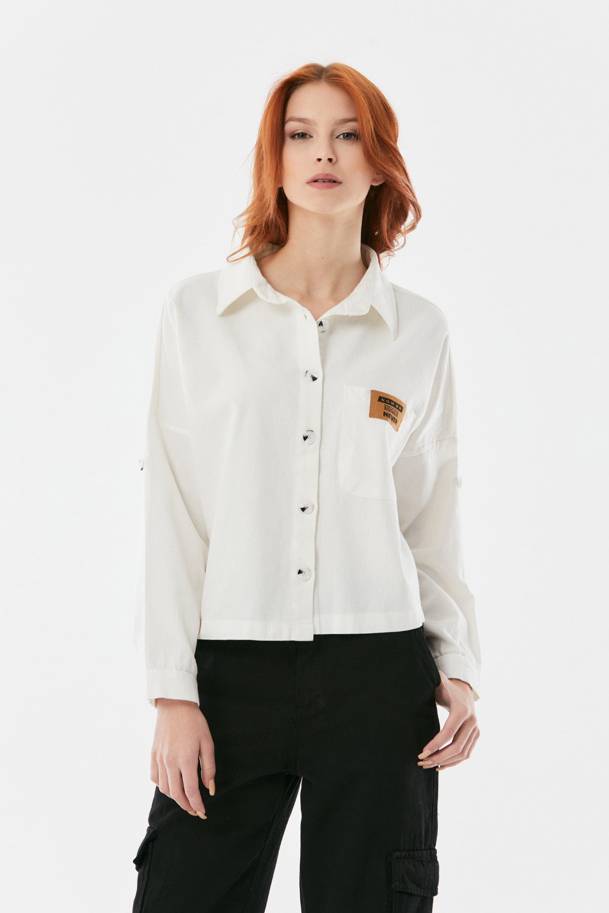 Fullamoda Women's White Pocket Emblem and Fold-Up Sleeves Gabardine Shirt|Fullamoda In Lebanon