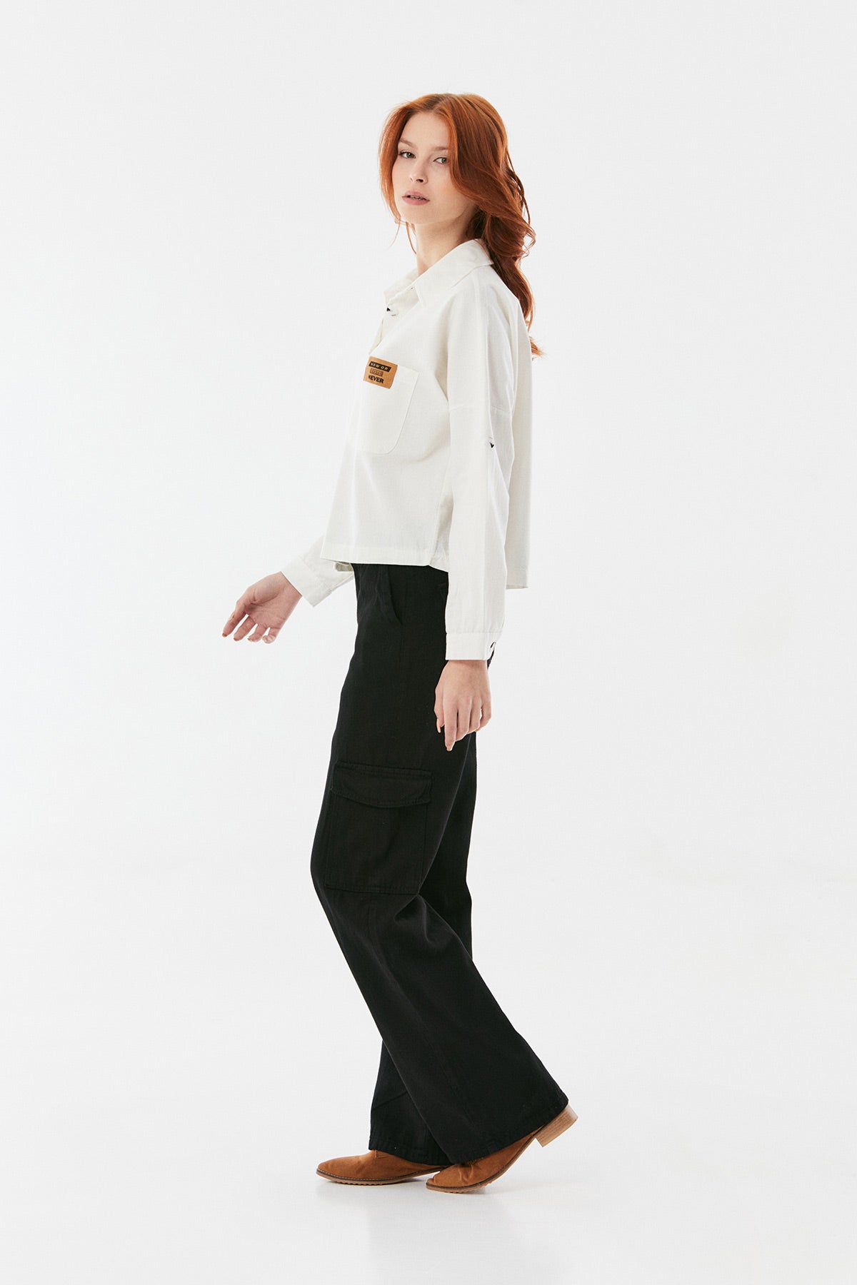 Fullamoda Women's White Pocket Emblem and Fold-Up Sleeves Gabardine Shirt|Fullamoda In Lebanon