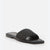 A single black slide sandal with a woven upper strap and a flat sole, photographed on a clean white background.