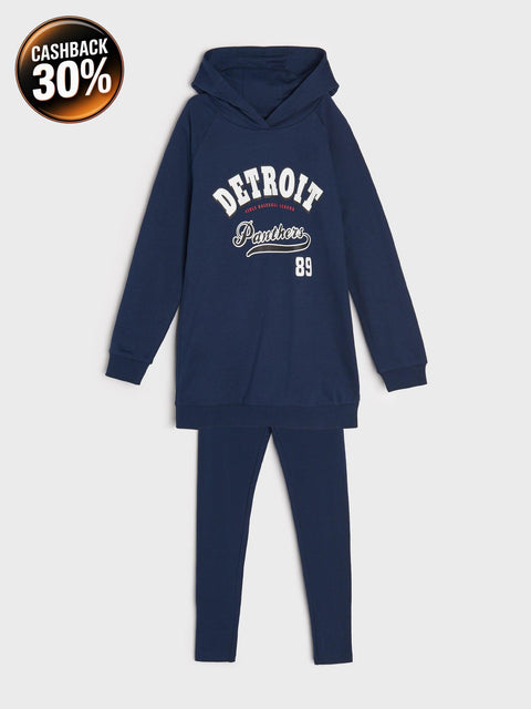 Navy blue hoodie and pants set with 'Detroit' text on a white background