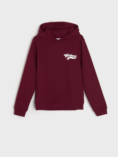 Maroon hoodie with a logo on a white background
