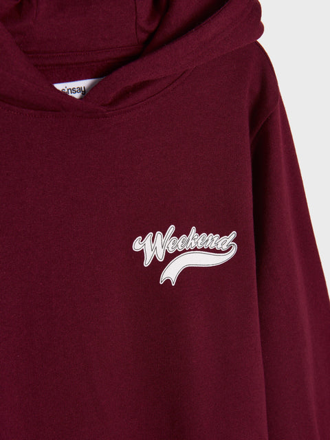 Maroon hoodie with 'Weekend' text on a white background