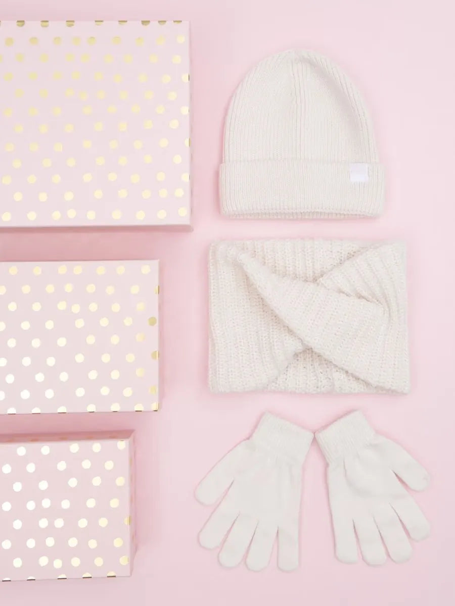 Sinsay Girl's Cream Ribbed Beanie, Twisted Scarf, Gloves Winter Accessory Set
