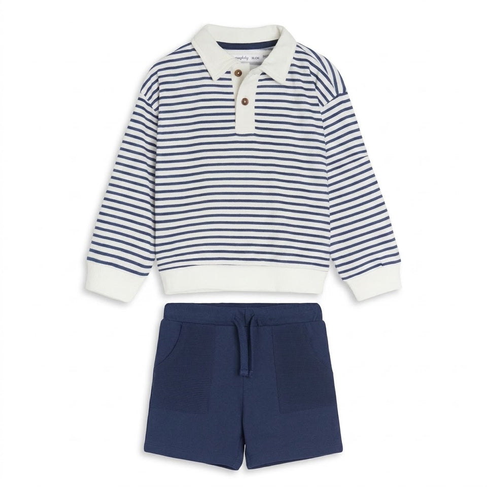 A two-piece children's outfit set featuring a navy and white horizontally striped long-sleeve polo shirt with white ribbed cuffs and hem, paired with navy blue shorts that have a drawstring waist and front patch pockets, shown on a plain white background.