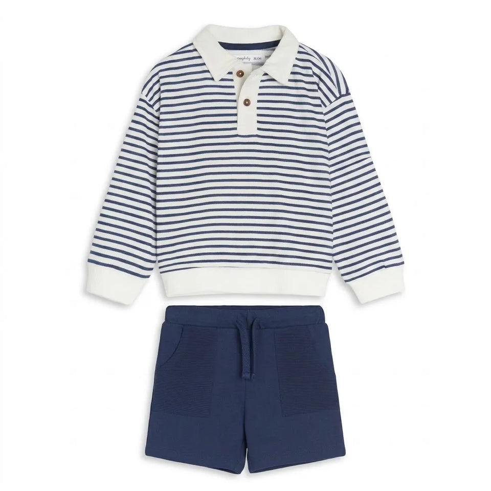 A two-piece children's outfit set featuring a navy and white horizontally striped long-sleeve polo shirt with white ribbed cuffs and hem, paired with navy blue shorts that have a drawstring waist and front patch pockets, shown on a plain white background.