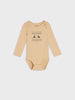 Beige baby bodysuit with graphic design on a white background