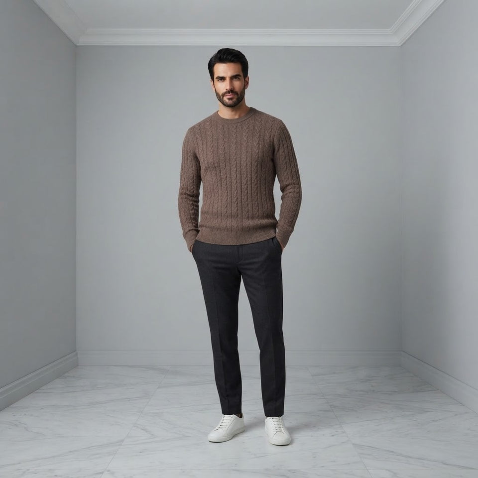 Magaschoni Men's Taupe Textured Cable-Knit Crewneck Sweater