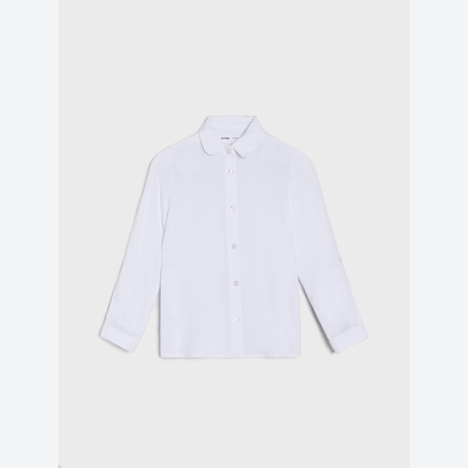 A white long-sleeve button-up shirt with a flat collar, laid flat against a light gray background.