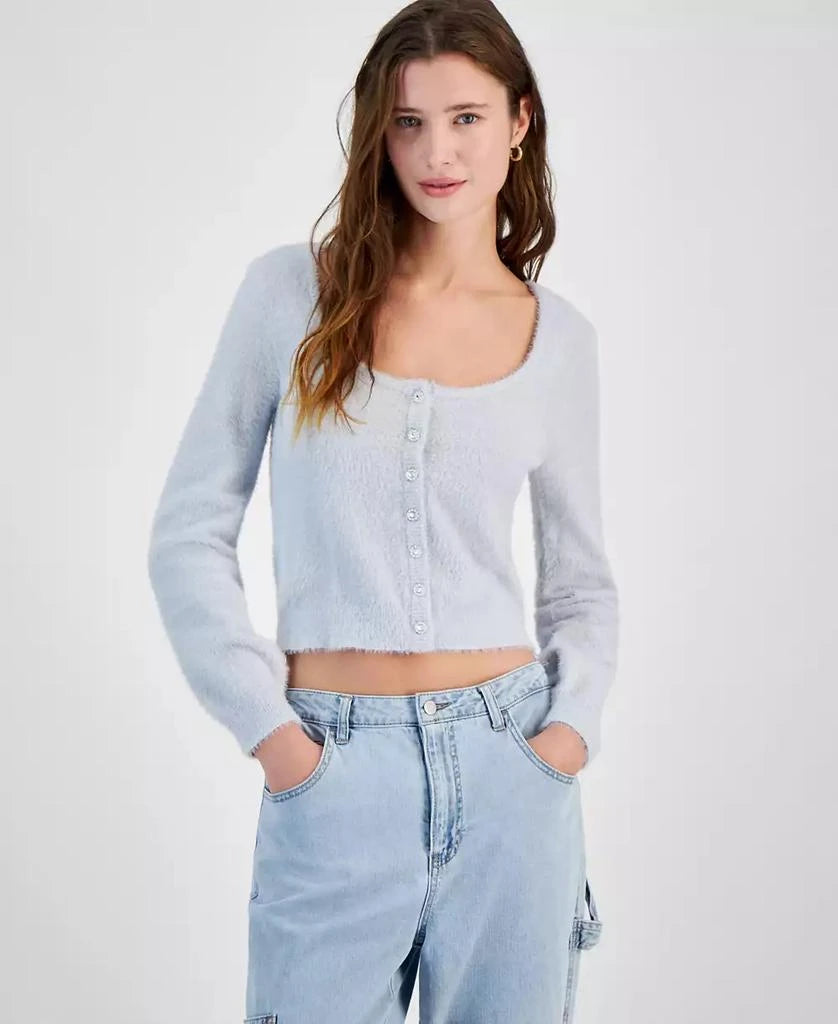 Planet Heart Women's Light Blue Rhinestone-Button Fuzzy Eyelash Cardigan Sweatshirt | Planet Heart In Lebanon