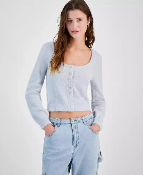 Planet Heart Women's Light Blue Rhinestone-Button Fuzzy Eyelash Cardigan Sweatshirt | Planet Heart In Lebanon