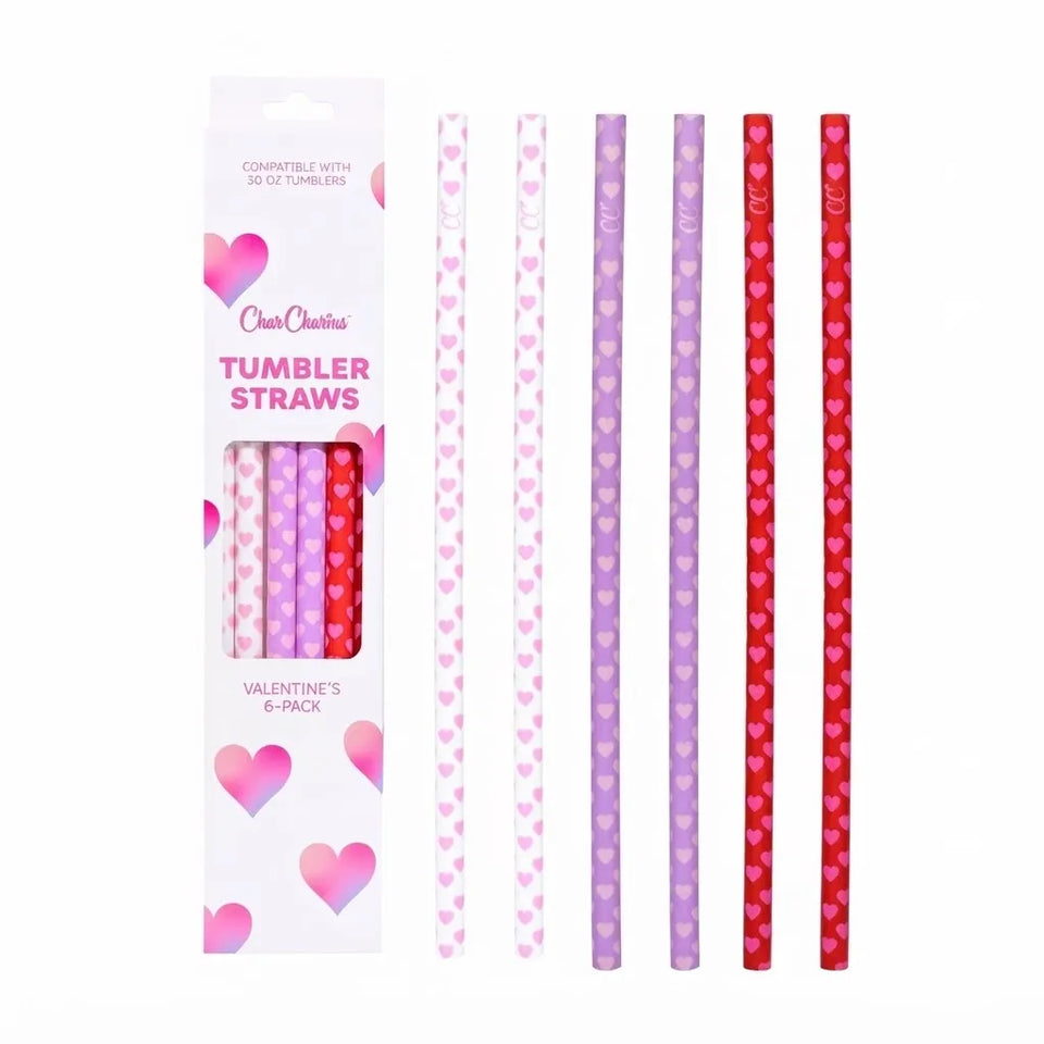 A 6-pack of Chou Chantiers Valentine's Day tumbler straws, shown both in their retail packaging on the left and standing vertically on the right. The straws come in pink, purple, and red colors with heart patterns, and the packaging features a white background with pink and red hearts.