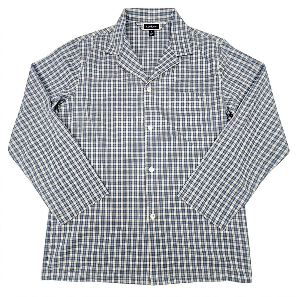 A men's long-sleeve button-up shirt with a blue and white checkered pattern, laid flat against a white background.