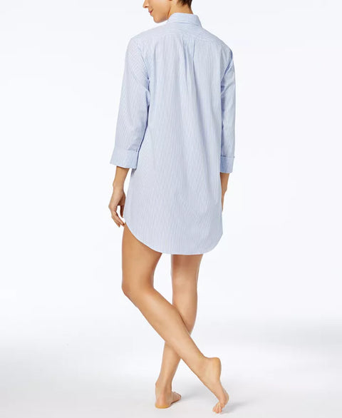 Lauren Ralph Lauren Women's Blue & White Stripped Roll Cuff Sleepshirt Nightgown|Lauren Ralph Lauren In Lebanon