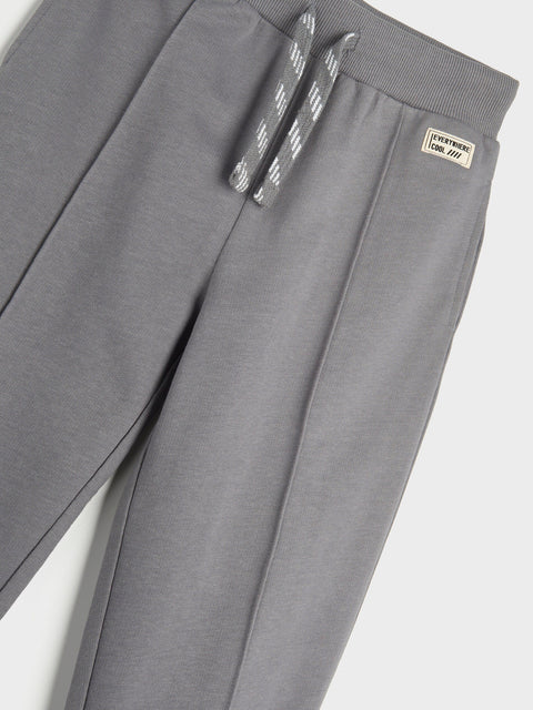Gray sweatpants with drawstring and brand label on a light gray background