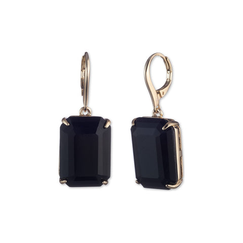 Pair of black gemstone earrings with gold and silver hooks on a white background