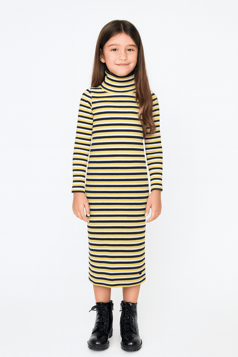 POMPdeLUX Girl's Navy/Yellow Striped Malou Roll Neck Dress |POMPdeLUX in Lebanon