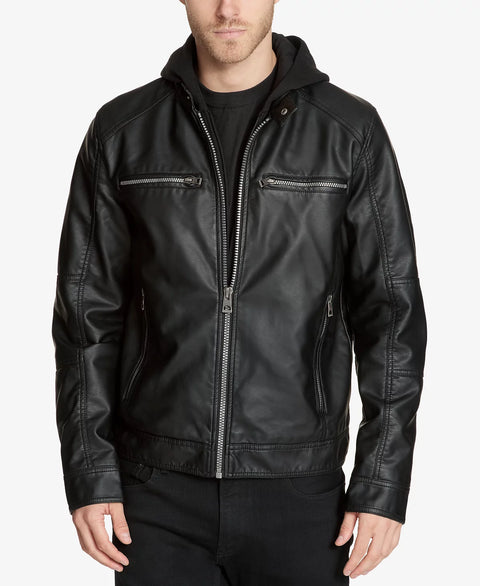 Guess Men's Black Faux-Leather Detachable-Hood Motorcycle Jacket | Guess In Lebanon
