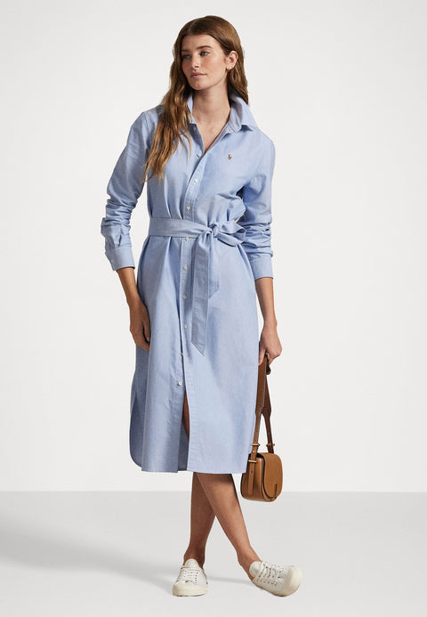 Polo Ralph Lauren Light Blue Belted Cotton Oxford Shirt Dress | Polo Ralph Lauren In Lebanon
