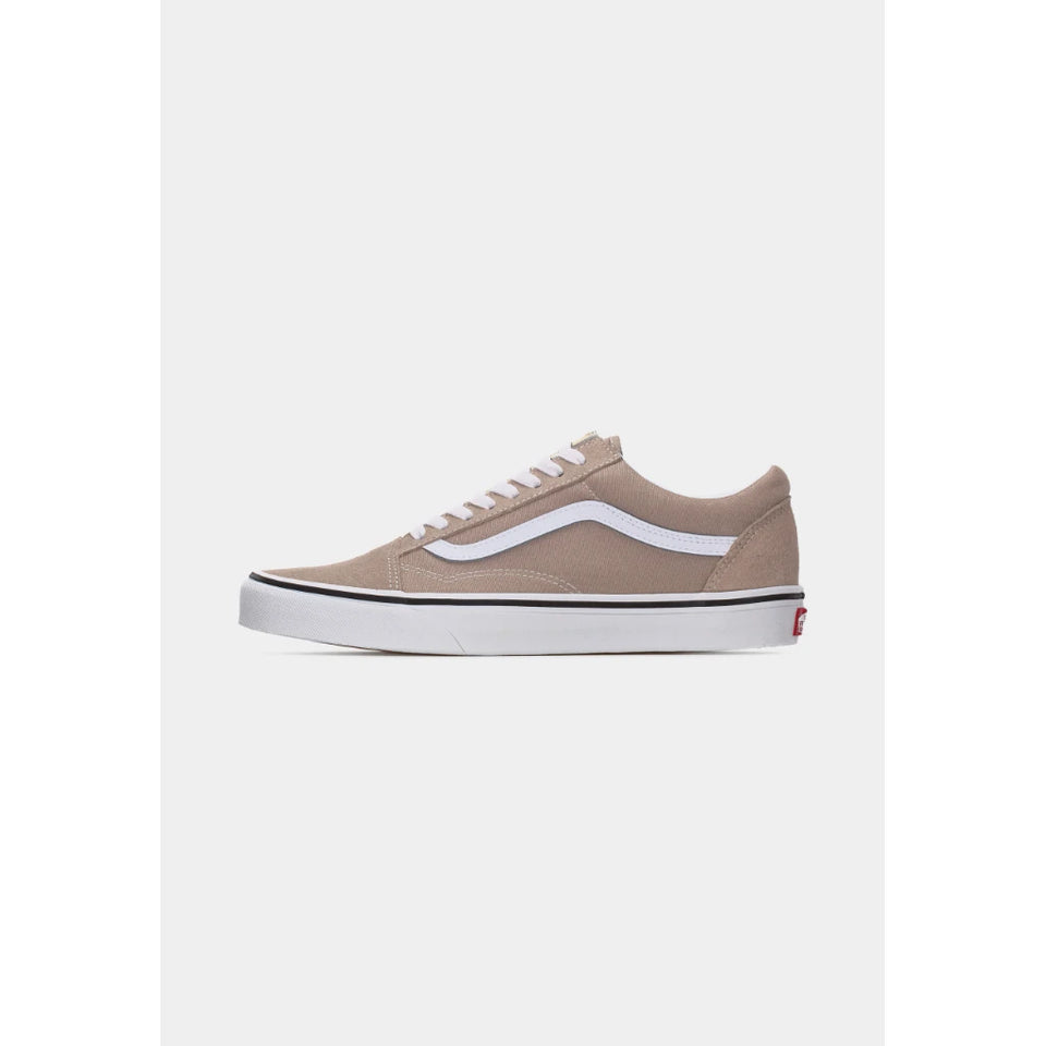 A single Vans Old Skool sneaker in a light taupe-beige suede, featuring a white side stripe, white laces, and a white rubber sole with a thin black stripe.
