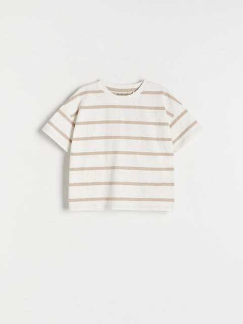 White t-shirt with thin brown stripes on a light gray background