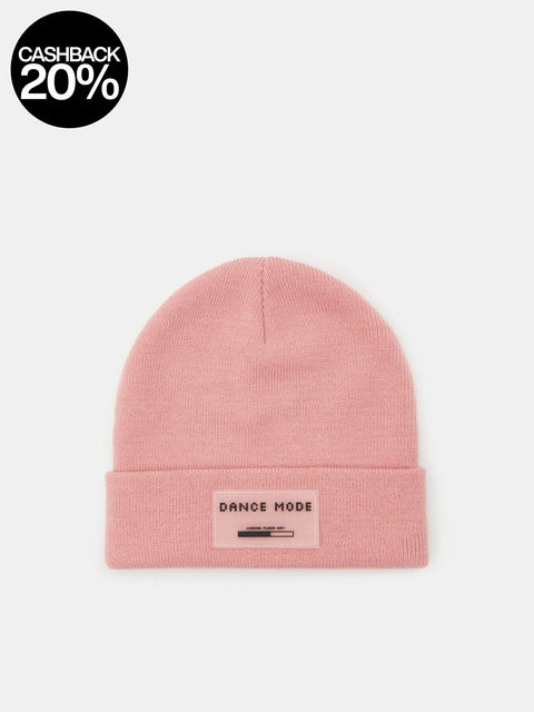 Pink beanie with 'DANCE MODE' label on a white background