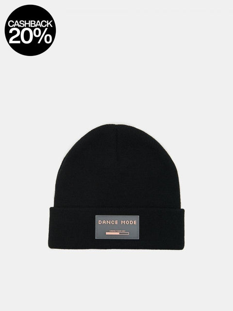 Black beanie with 'DANCE MODE' label on a light gray background