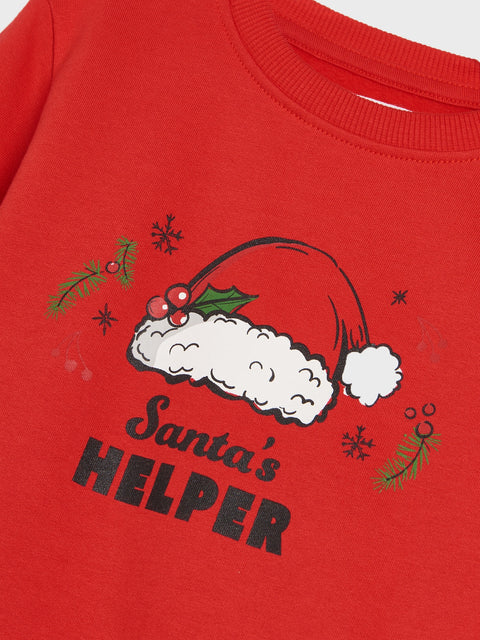 Red shirt with Santa's Helper graphic and text on a white background
