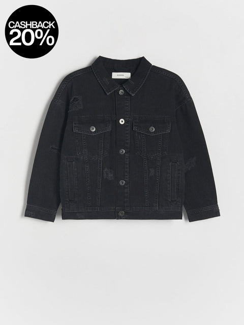 Black denim jacket on a light gray background