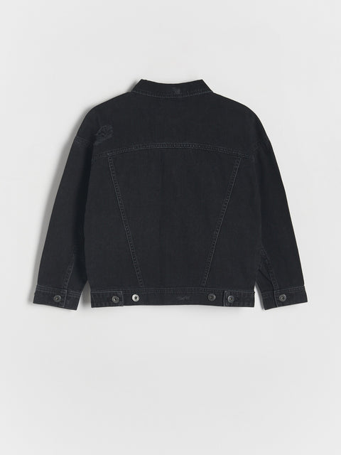 Black denim jacket on a light gray background