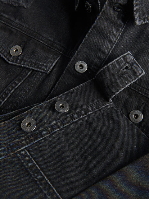 Close-up of a black denim jacket with button details