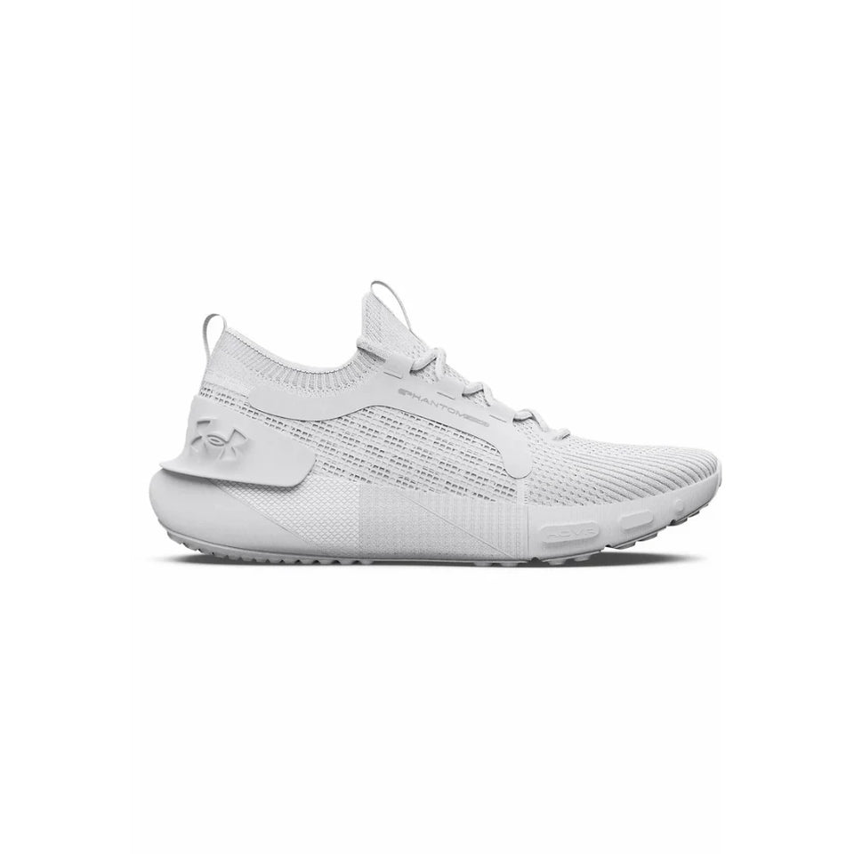 A white Under Armour knit sneaker shown from the side profile against a solid white background.