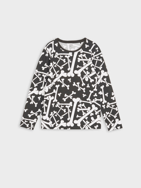 Black long-sleeve shirt with white skeleton pattern on a light gray background