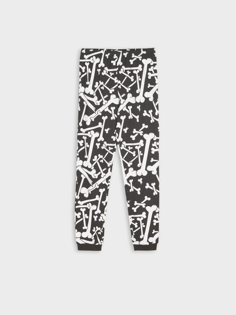 Black leggings with white bone pattern on a white background