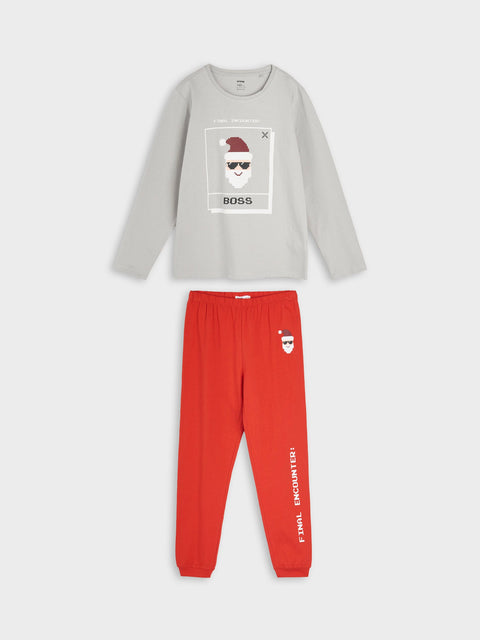 Sinsay Boy's Gray & Red Santa Print Christmas Cotton Pajama Set | Sinsay In Lebanon