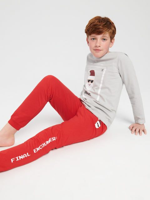 Sinsay Boy's Gray & Red Santa Print Christmas Cotton Pajama Set | Sinsay In Lebanon