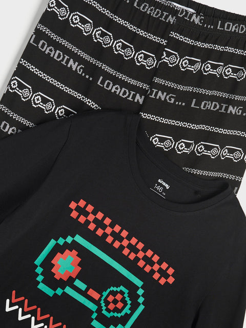 Black t-shirt with pixelated design and black shorts with 'LOADING...' text.