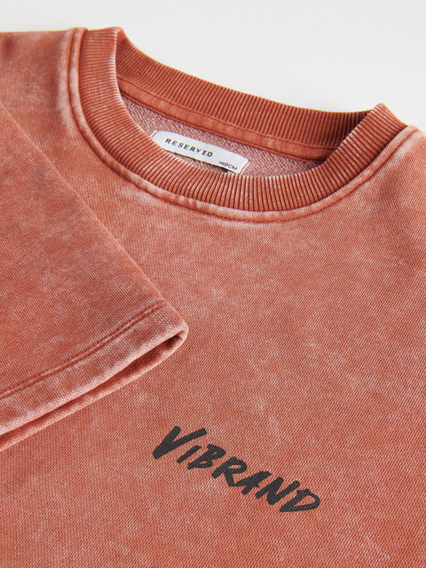 Close-up of a pink sweatshirt with 'Vibrand' embroidery on a light gray background