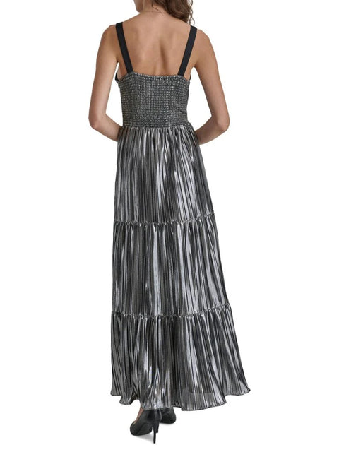 DKNY Women's Silver Foil Plissé V-Neck Sleeveless Maxi Dress | DKNY In Lebanon