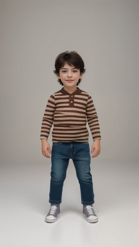 POMPdeLUX Boy's Stripped Brown & Beige Henley Neck Blouse | POMPdeLUX In Lebanon