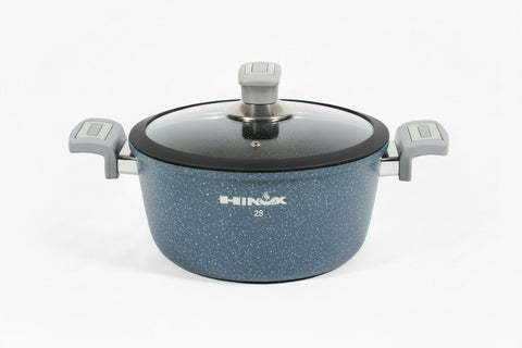 Blue speckled cookware set with a lid on a white background