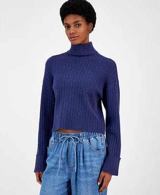 Ultra Flirt Women's Dark Blue Ribbed Turtleneck Sweater